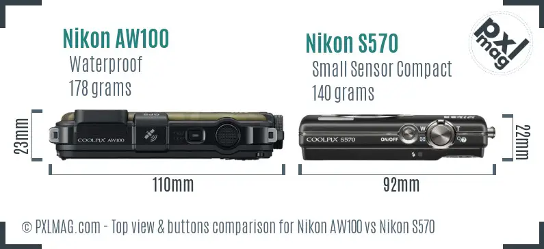 Nikon AW100 vs Nikon S570 top view buttons comparison