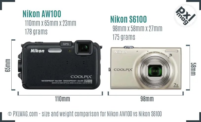 Nikon AW100 vs Nikon S6100 size comparison
