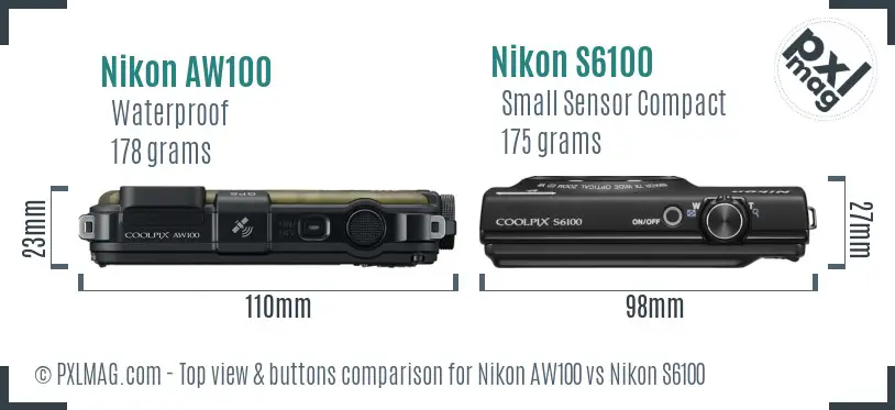 Nikon AW100 vs Nikon S6100 top view buttons comparison