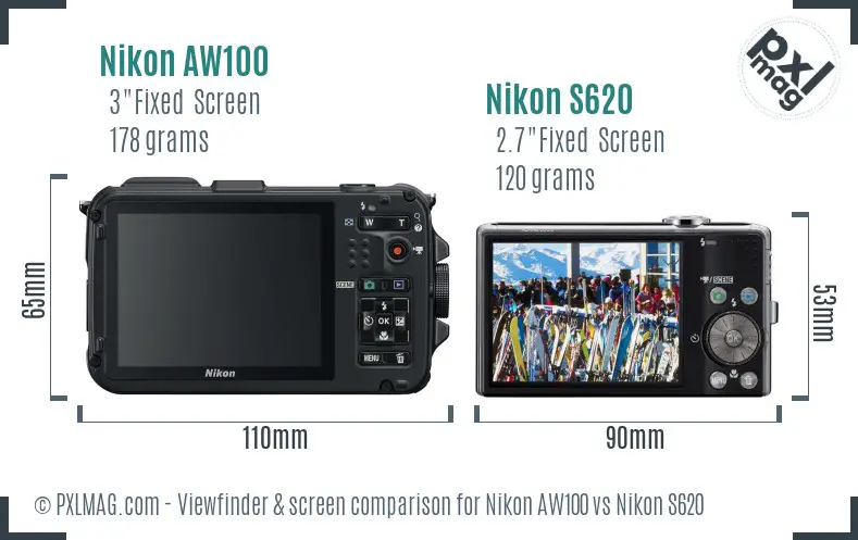 Nikon AW100 vs Nikon S620 Screen and Viewfinder comparison