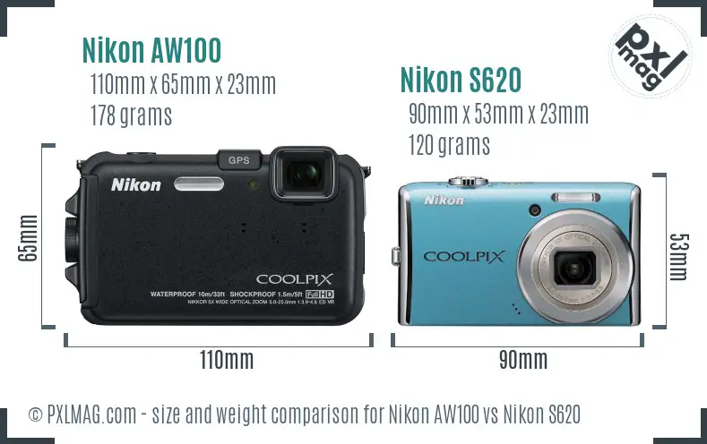 Nikon AW100 vs Nikon S620 size comparison