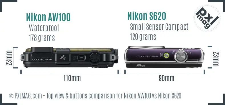 Nikon AW100 vs Nikon S620 top view buttons comparison