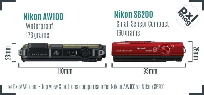 Nikon AW100 vs Nikon S6200 top view buttons comparison