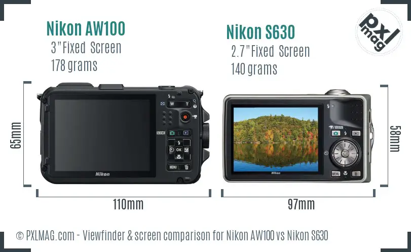 Nikon AW100 vs Nikon S630 Screen and Viewfinder comparison