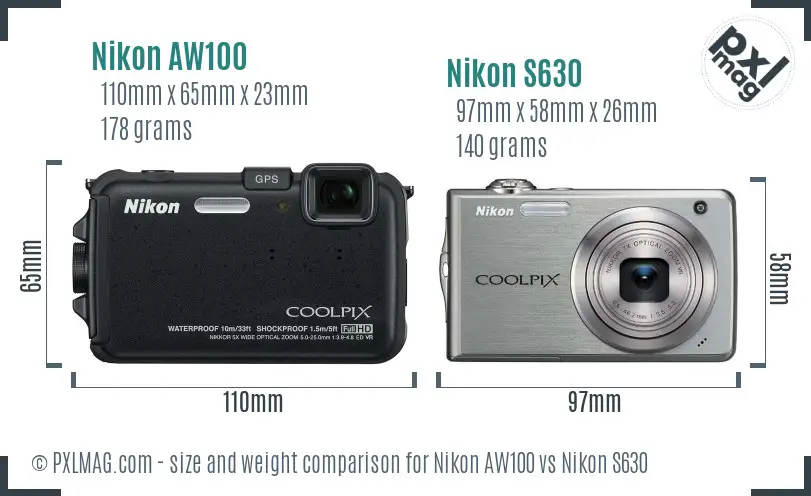 Nikon AW100 vs Nikon S630 size comparison