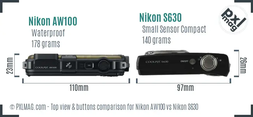 Nikon AW100 vs Nikon S630 top view buttons comparison