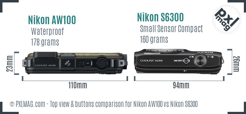 Nikon AW100 vs Nikon S6300 top view buttons comparison