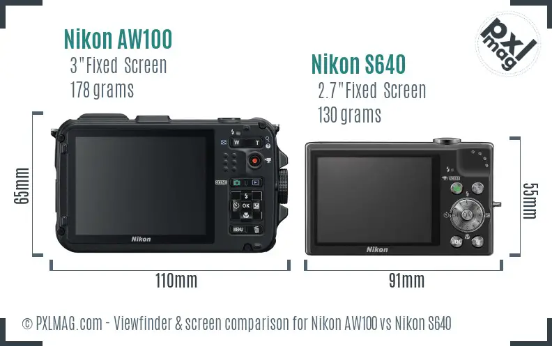 Nikon AW100 vs Nikon S640 Screen and Viewfinder comparison