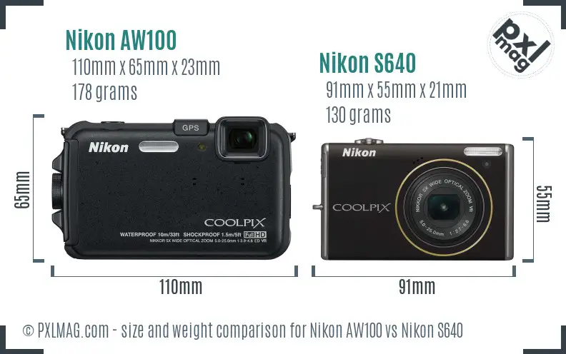 Nikon AW100 vs Nikon S640 size comparison