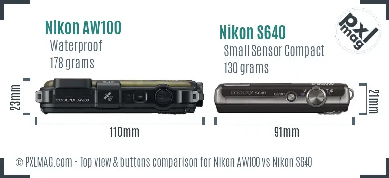 Nikon AW100 vs Nikon S640 top view buttons comparison