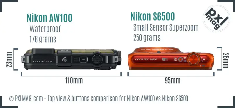 Nikon AW100 vs Nikon S6500 top view buttons comparison Nikon AW100 vs Nikon S6500 top view buttons comparison