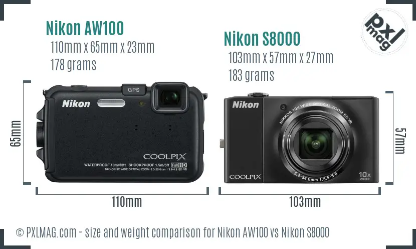 Nikon AW100 vs Nikon S8000 size comparison