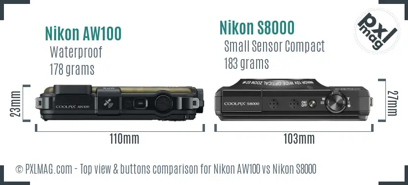 Nikon AW100 vs Nikon S8000 top view buttons comparison