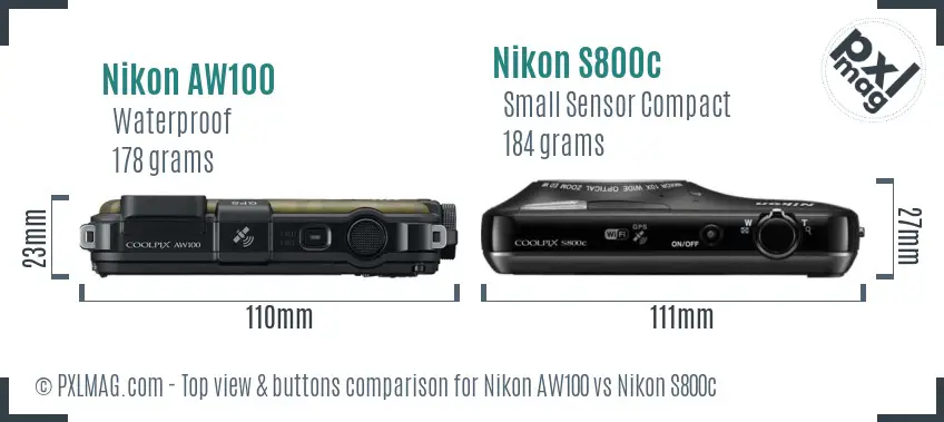 Nikon AW100 vs Nikon S800c top view buttons comparison Nikon AW100 vs Nikon S800c top view buttons comparison