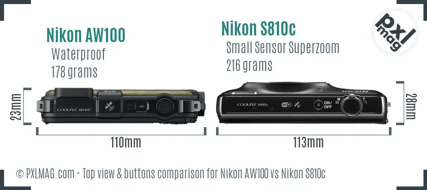 Nikon AW100 vs Nikon S810c top view buttons comparison