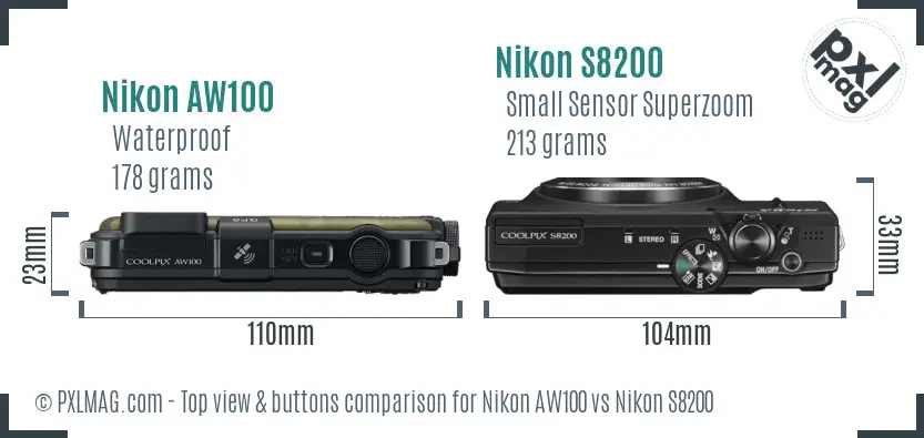 Nikon AW100 vs Nikon S8200 top view buttons comparison