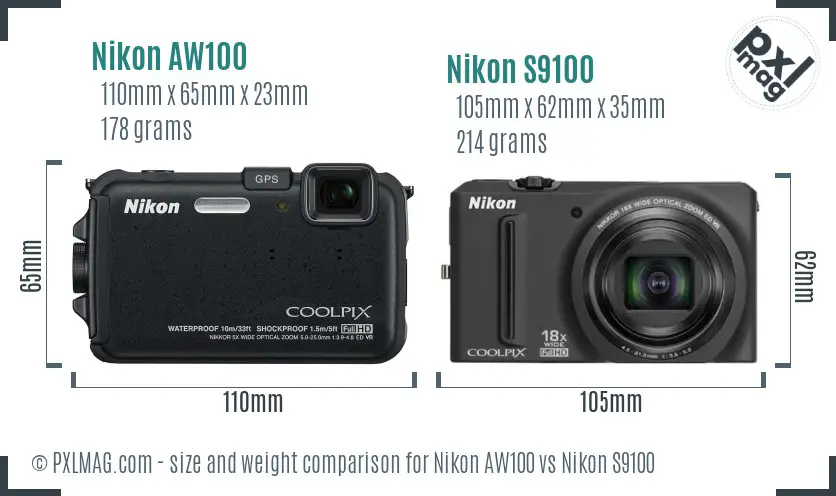 Nikon AW100 vs Nikon S9100 size comparison