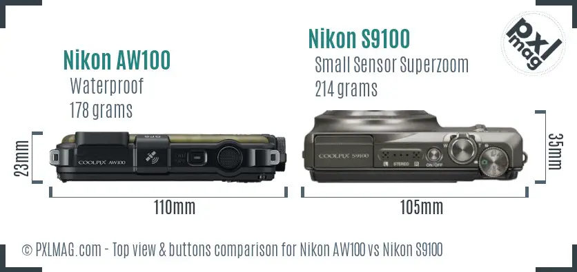 Nikon AW100 vs Nikon S9100 top view buttons comparison