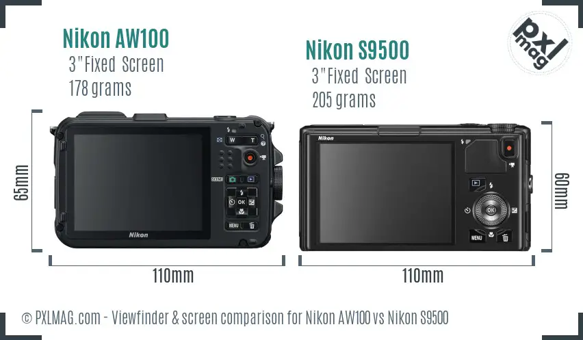 Nikon AW100 vs Nikon S9500 Screen and Viewfinder comparison