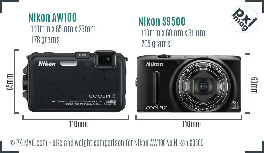 Nikon AW100 vs Nikon S9500 size comparison