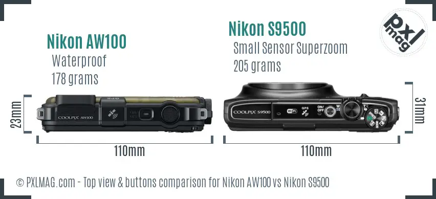 Nikon AW100 vs Nikon S9500 top view buttons comparison