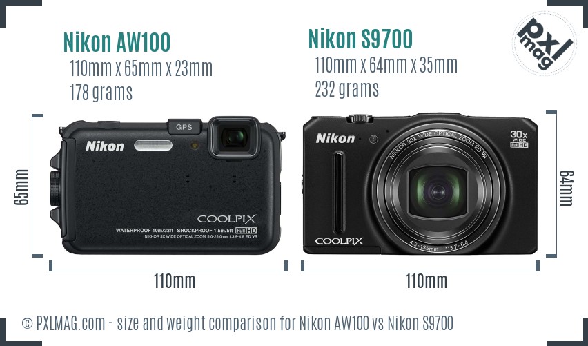 Nikon AW100 vs Nikon S9700 size comparison Nikon AW100 vs Nikon S9700 size comparison