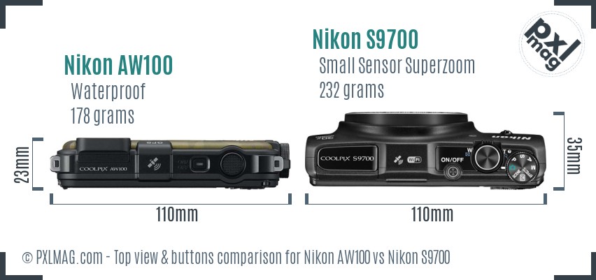 Nikon AW100 vs Nikon S9700 top view buttons comparison