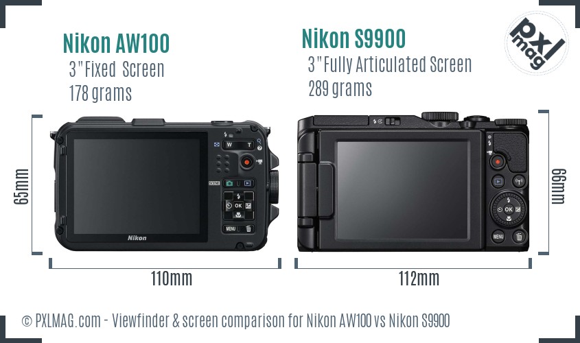 Nikon AW100 vs Nikon S9900 Screen and Viewfinder comparison