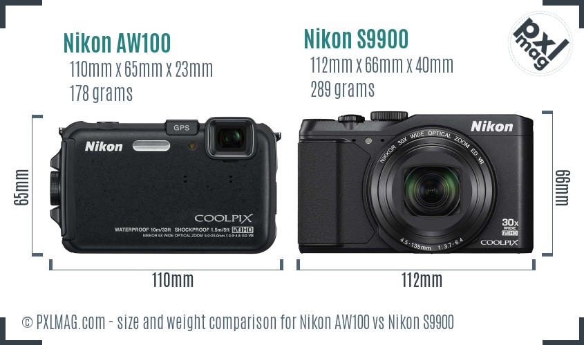 Nikon AW100 vs Nikon S9900 size comparison Nikon AW100 vs Nikon S9900 size comparison