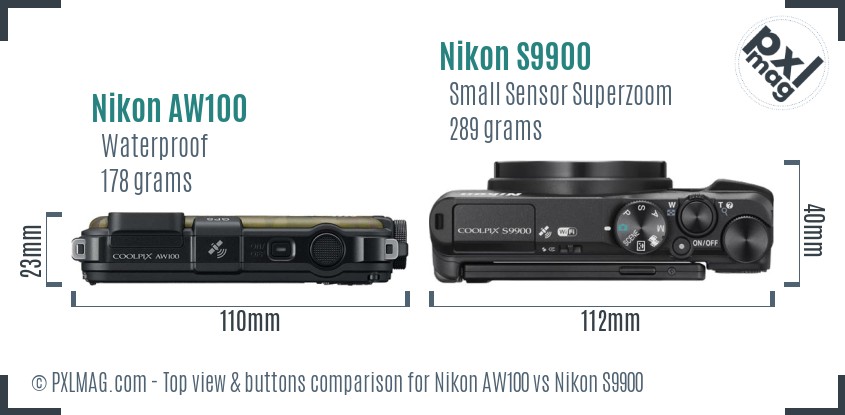 Nikon AW100 vs Nikon S9900 top view buttons comparison