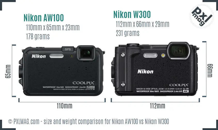 Nikon AW100 vs Nikon W300 size comparison