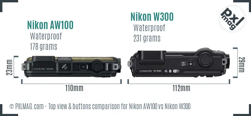 Nikon AW100 vs Nikon W300 top view buttons comparison