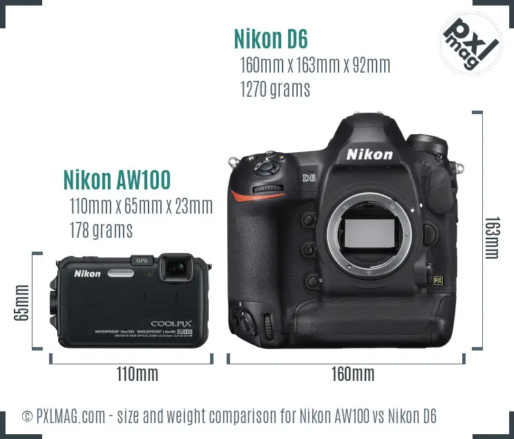Nikon AW100 vs Nikon D6 size comparison