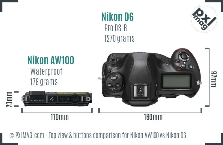 Nikon AW100 vs Nikon D6 top view buttons comparison