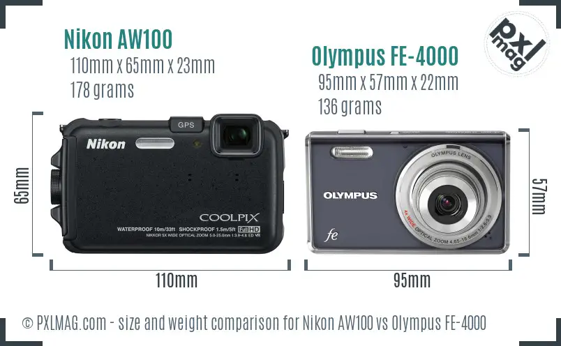 Nikon AW100 vs Olympus FE-4000 size comparison