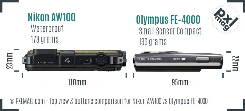 Nikon AW100 vs Olympus FE-4000 top view buttons comparison