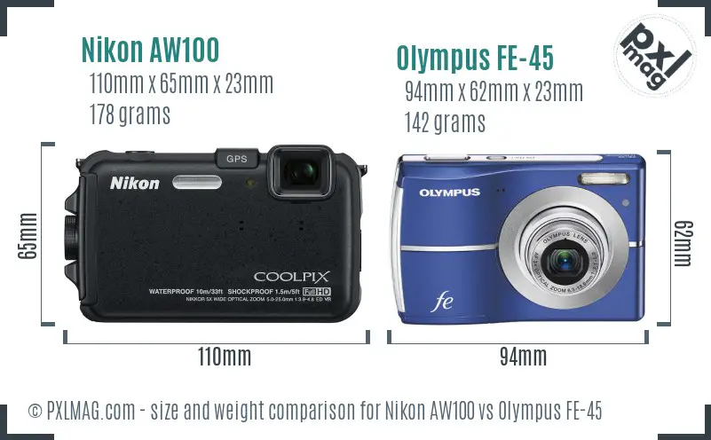 Nikon AW100 vs Olympus FE-45 size comparison