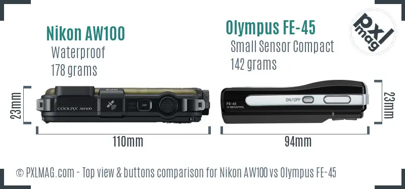 Nikon AW100 vs Olympus FE-45 top view buttons comparison