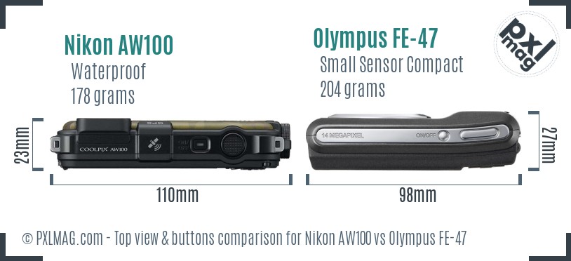 Nikon AW100 vs Olympus FE-47 top view buttons comparison