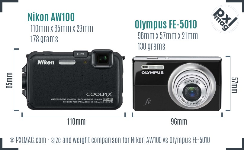 Nikon AW100 vs Olympus FE-5010 size comparison
