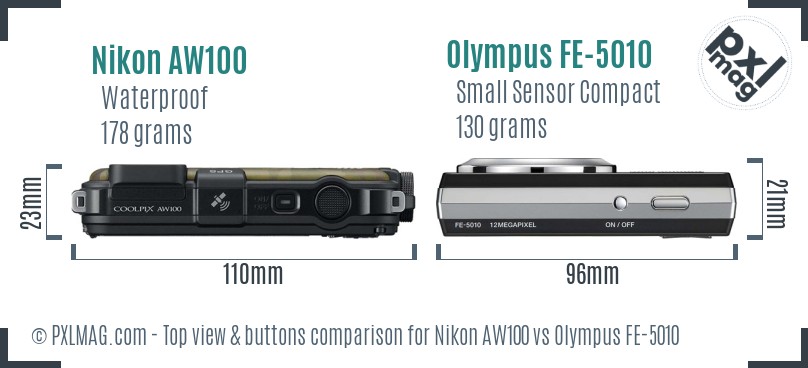 Nikon AW100 vs Olympus FE-5010 top view buttons comparison