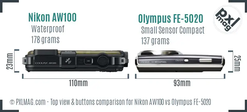 Nikon AW100 vs Olympus FE-5020 top view buttons comparison