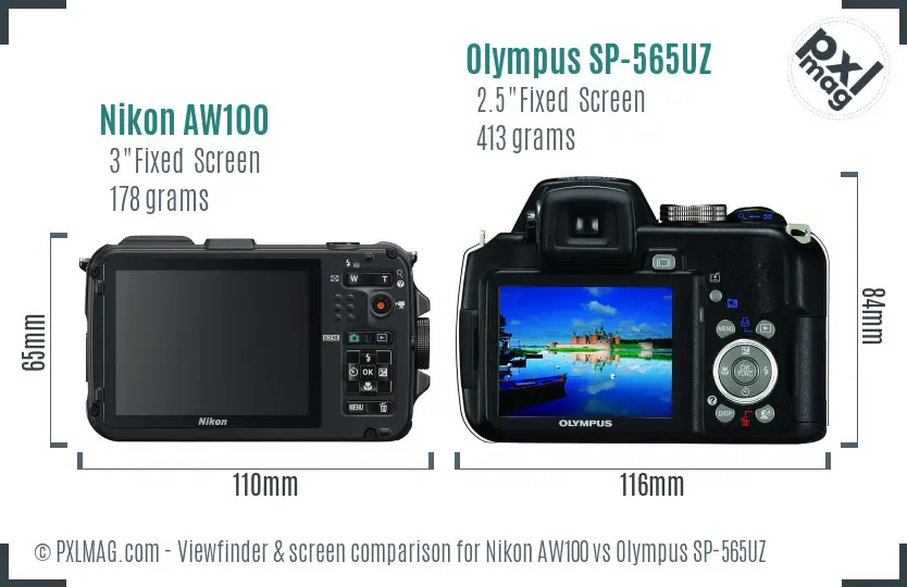 Nikon AW100 vs Olympus SP-565UZ Screen and Viewfinder comparison