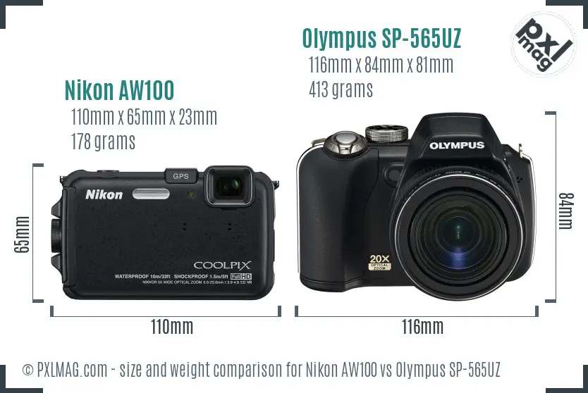 Nikon AW100 vs Olympus SP-565UZ size comparison