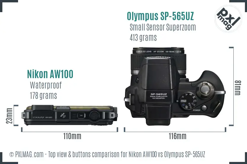 Nikon AW100 vs Olympus SP-565UZ top view buttons comparison