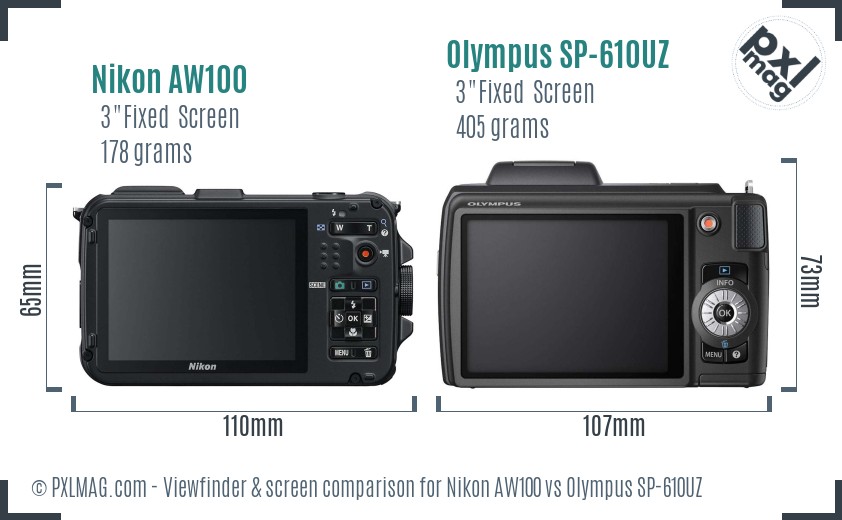 Nikon AW100 vs Olympus SP-610UZ Screen and Viewfinder comparison