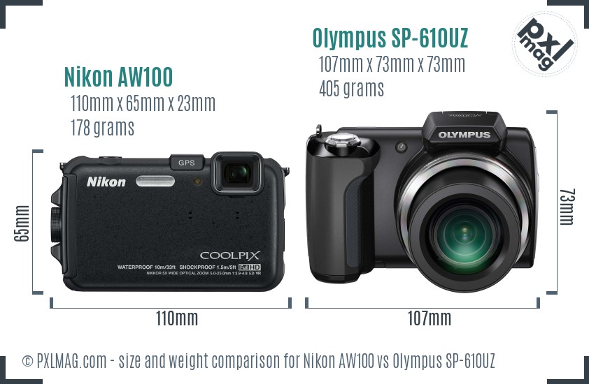 Nikon AW100 vs Olympus SP-610UZ size comparison