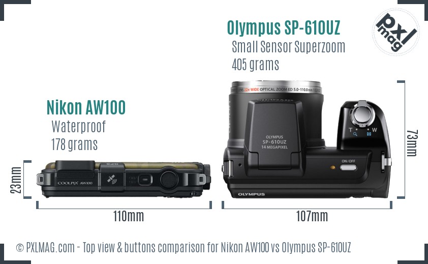 Nikon AW100 vs Olympus SP-610UZ top view buttons comparison
