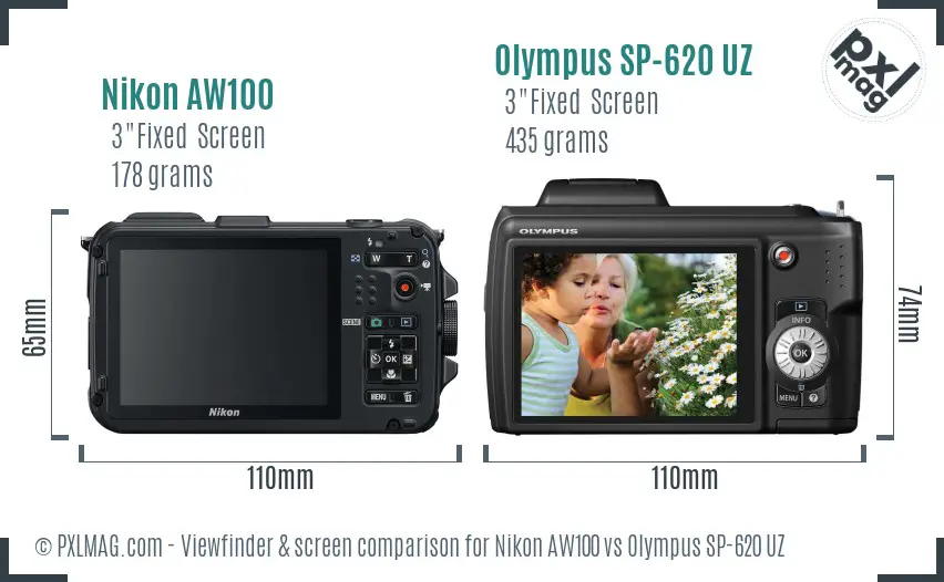Nikon AW100 vs Olympus SP-620 UZ Screen and Viewfinder comparison
