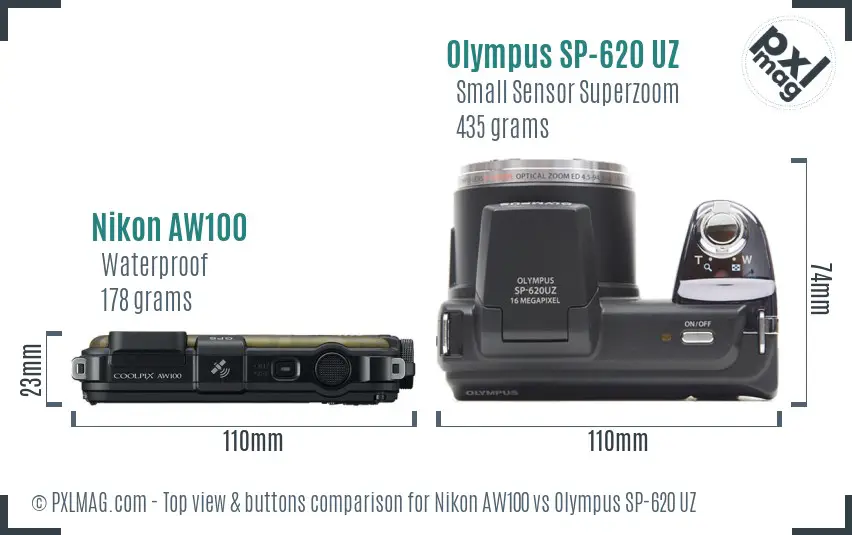 Nikon AW100 vs Olympus SP-620 UZ top view buttons comparison